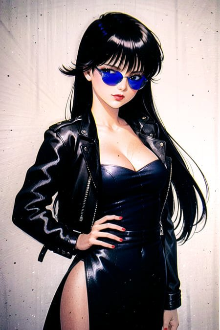 68970-4194809233-takada akemi, ayukawa madoka,__1980s _(style_), 1girl, black dress, black hair, breasts, cleavage, dress, hand on hip, jacket, l.png